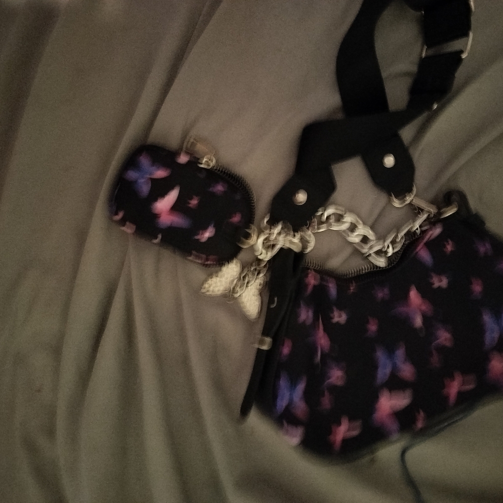 Butterfly Print Black Handbag and Coin Purse Set